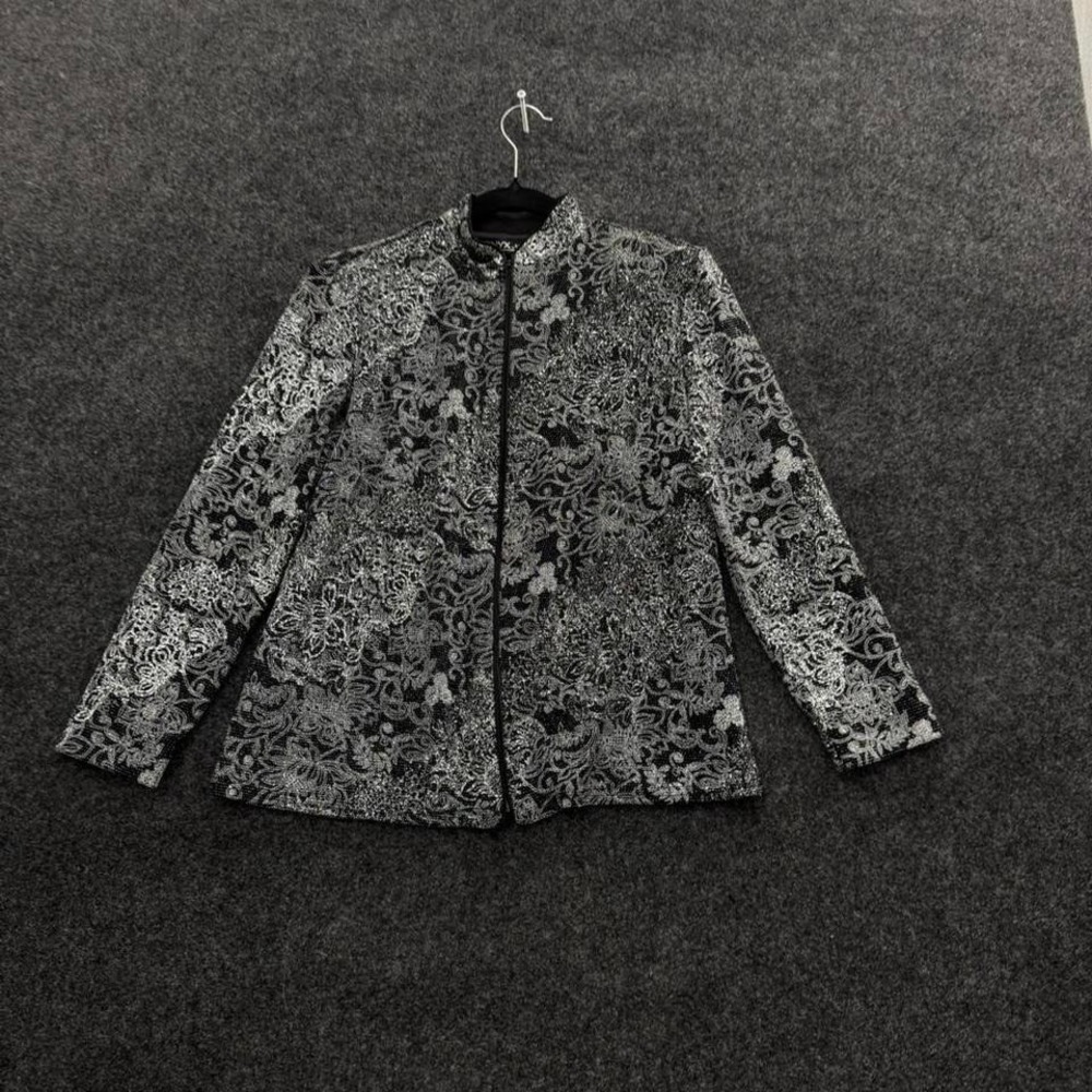 Onyx Nite Black Silver Floral Jacquard Jacket Womens Evening Zip Blazer